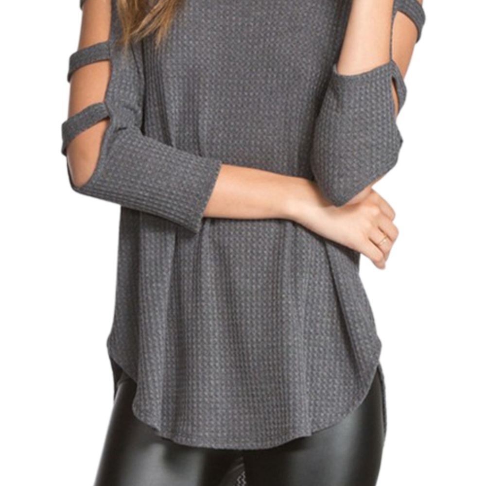 Ribbed Cold Shoulder Top With Strap Sleeves - Picture 2 of 3